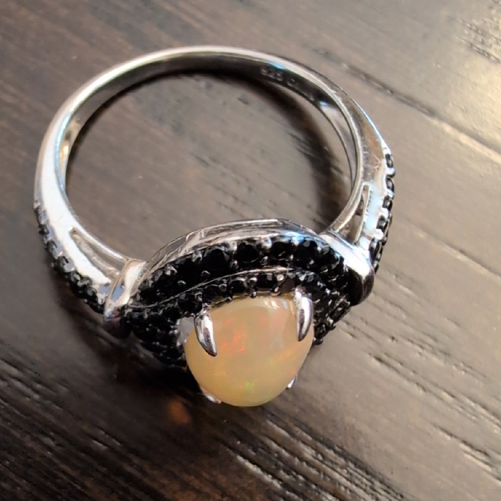 Sterling Silver Opal Black Spinel Ring Size 7 3/4 - Picture 3 of 7
